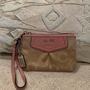Coach Signature Tan and Pink Wristlet
